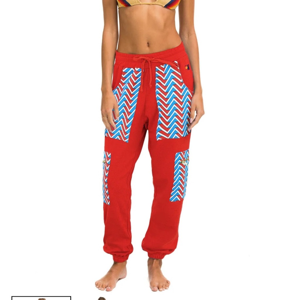 Geo zig bolt embroidery color block sweatpants - red//blue aviator nation